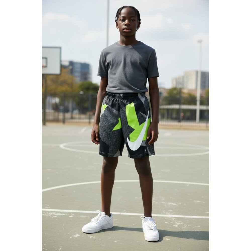 Nike Dri Fit Athletic Shorts Boys Youth L Black Gray Pockets 8" Inseam Geometric